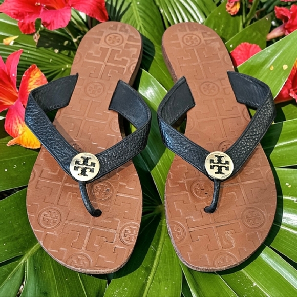 Tory Burch Black Leather With Logo Flip Flops with Tan Footbed Size-7